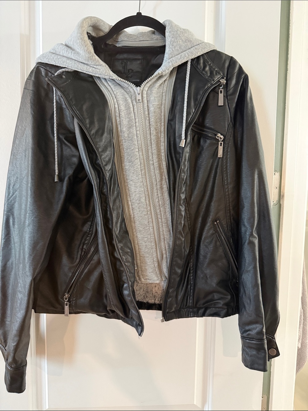 Black Faux Leather Bomber Jacket with Gray Hooded Insert